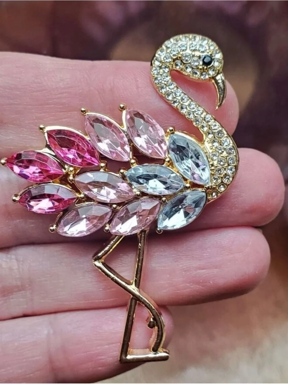 Pink Crystal Flamingo Brooch Pin Gold Tone Statement Bird Jewelry